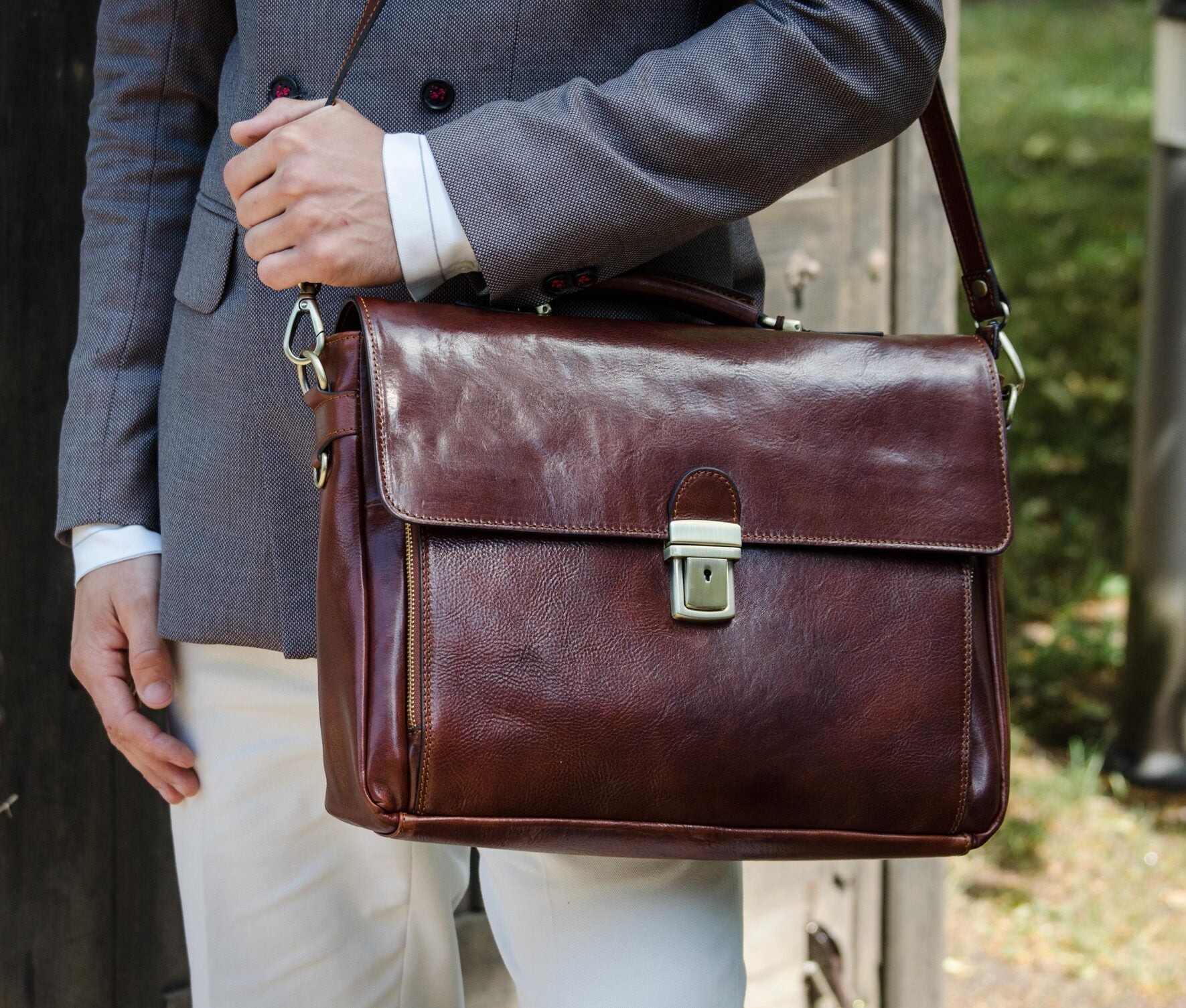 Leather Briefcase Laptop Bag - In Cold Blood